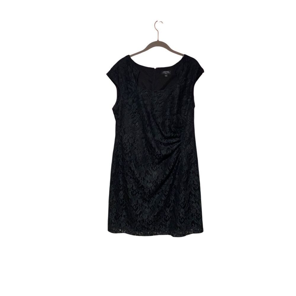 Tahari black lace cocktail sheath fully lined ruched dress 14 P 